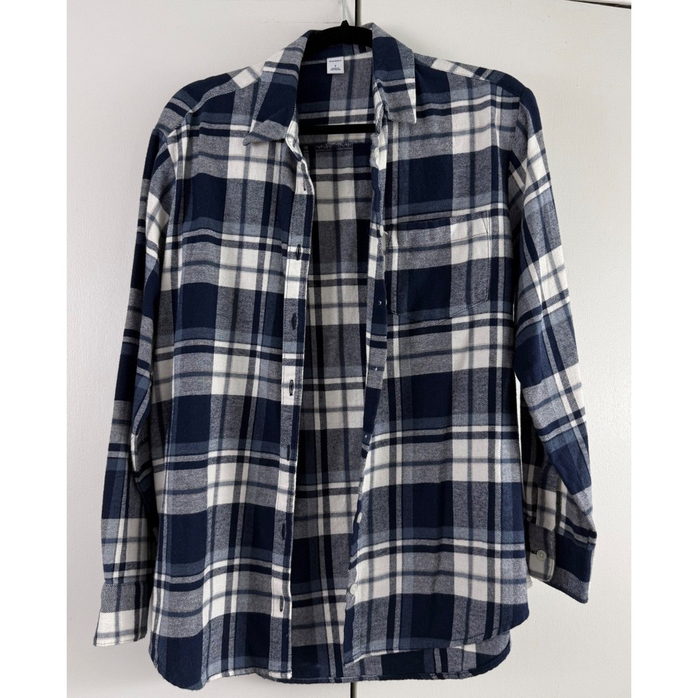 Old Navy Plaid Boyfriend Flannel Shirt Navy Blue White 90s Grunge Small EUC